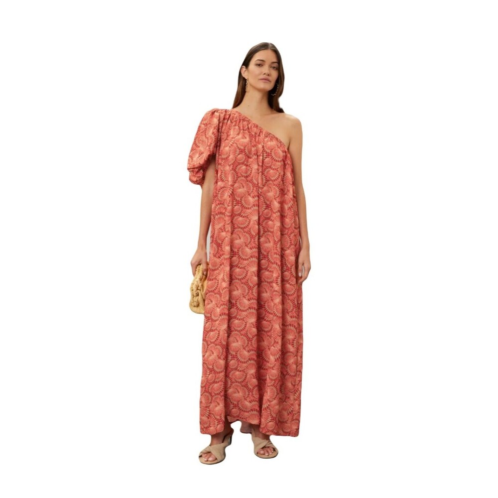 LoboRosa XL Orange Clam Shell print maxi dress Asymmetrical Balloon sleeve beach